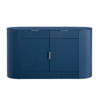 Front view of modern MDF storage cabinet in navy blue with curved doors and minimalist design, ideal for modern interiors.