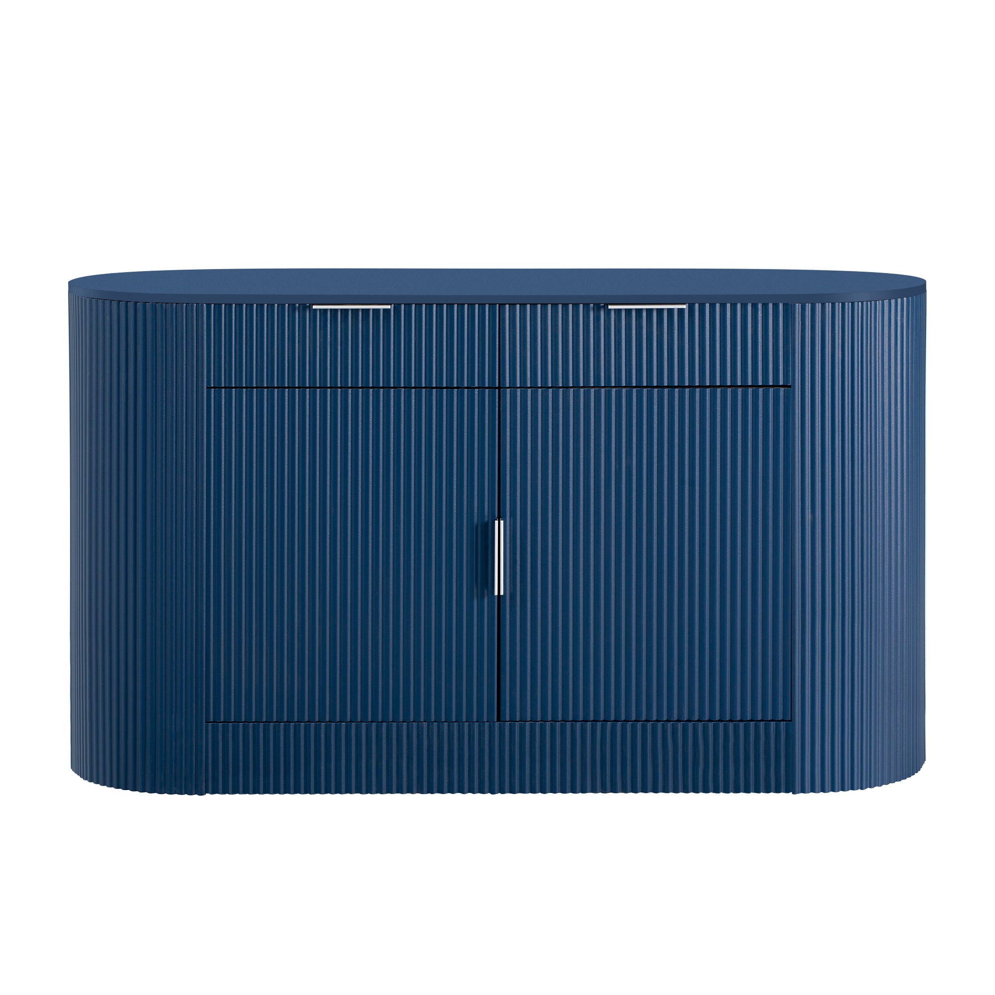 Front view of modern MDF storage cabinet in navy blue with curved doors and minimalist design, ideal for modern interiors.