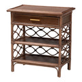 Boho-style brown rattan nightstand with one drawer, gold handle, and two open shelves with decorative lattice sides.