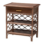 Boho-style brown rattan nightstand with one drawer, gold handle, and two open shelves with decorative lattice sides.