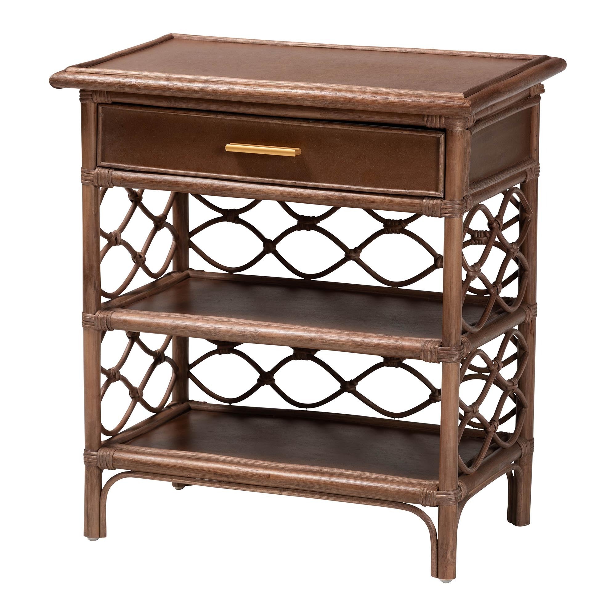 Boho-style brown rattan nightstand with one drawer, gold handle, and two open shelves with decorative lattice sides.