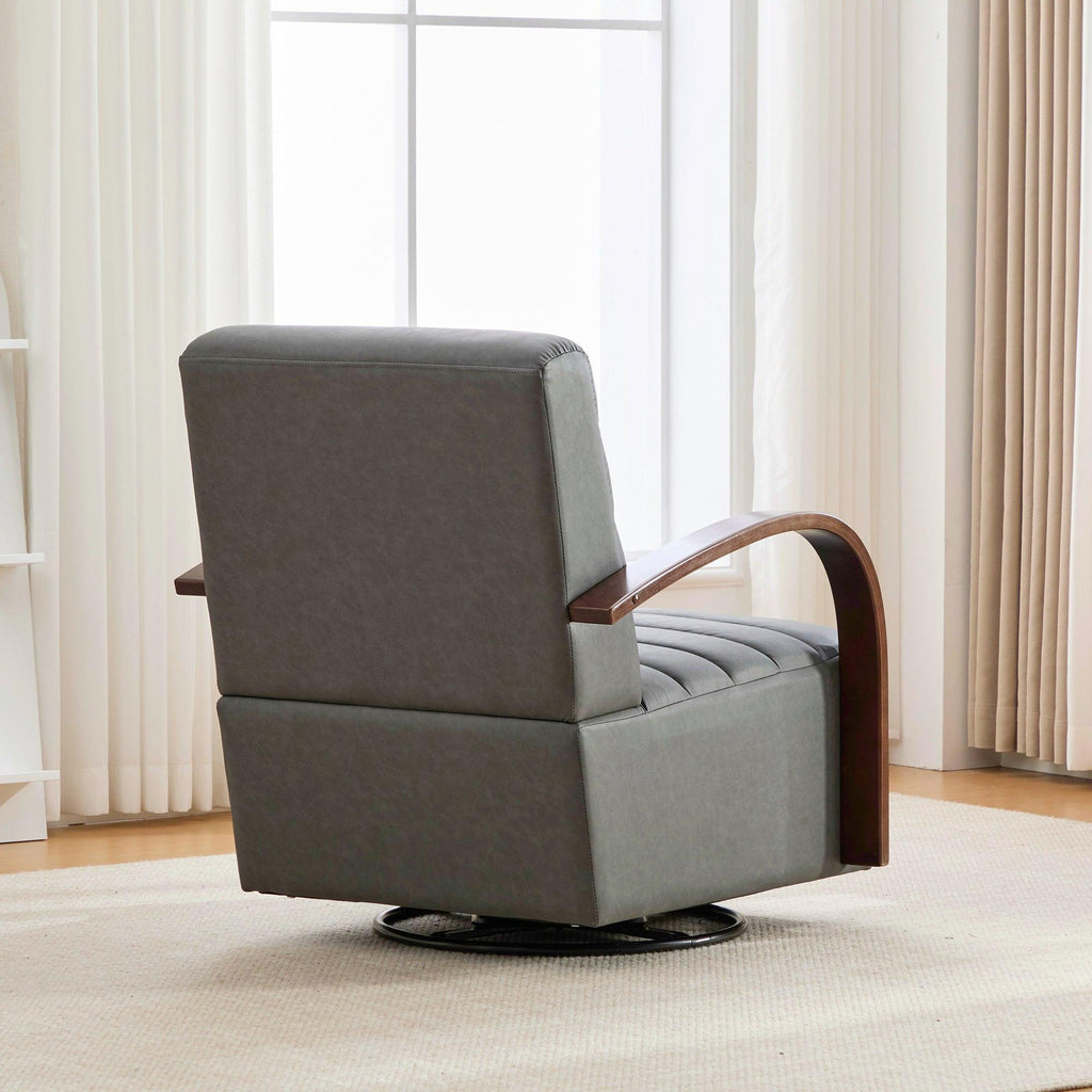 Modern Upholstered 360° Swivel Accent Chair with Solid Wood Armrests, Comfy Channel Tufted Lounge Reading Chair, Gray PU, 30.3'W.