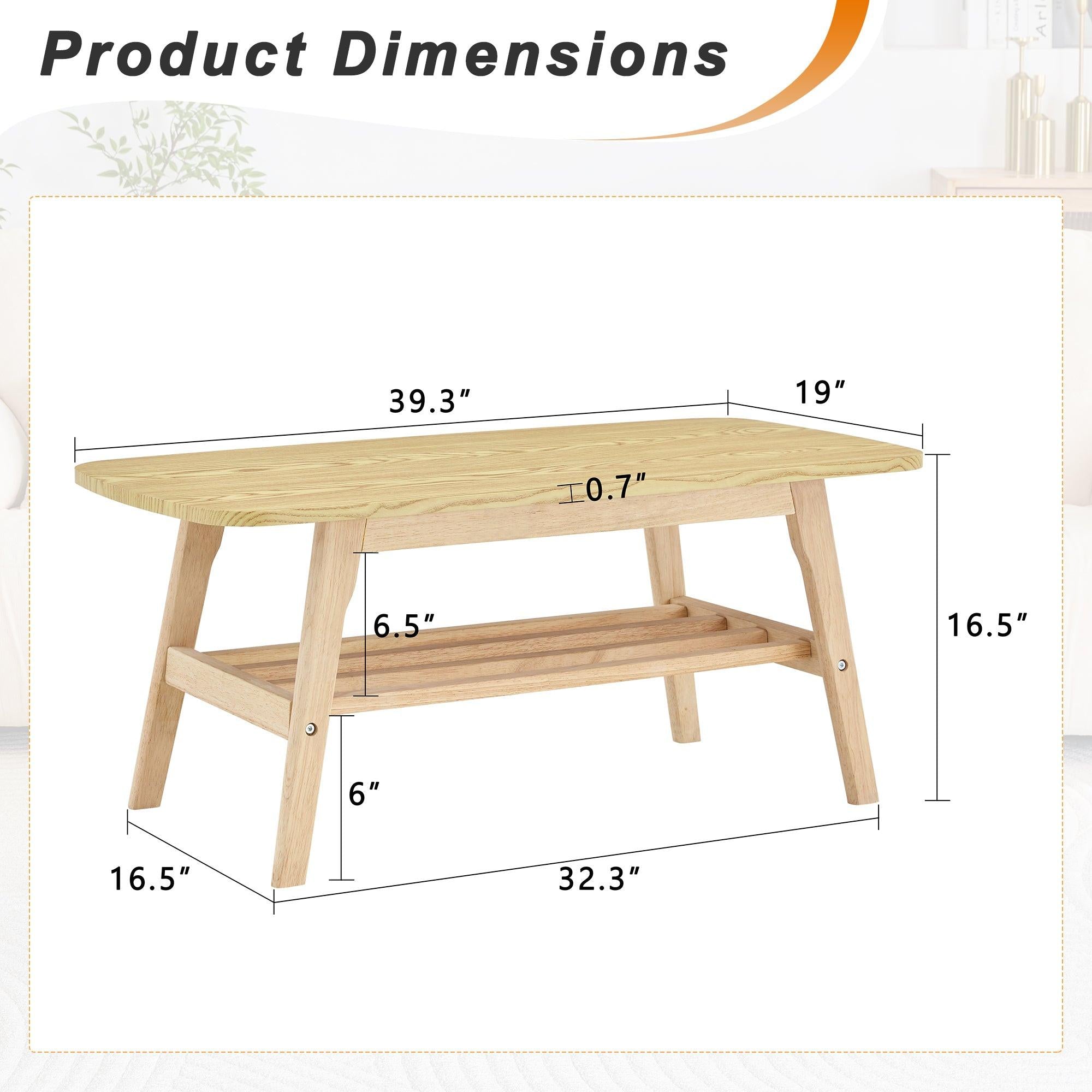 39 Inch Solid Wood Coffee Table with Double Layer Storage.