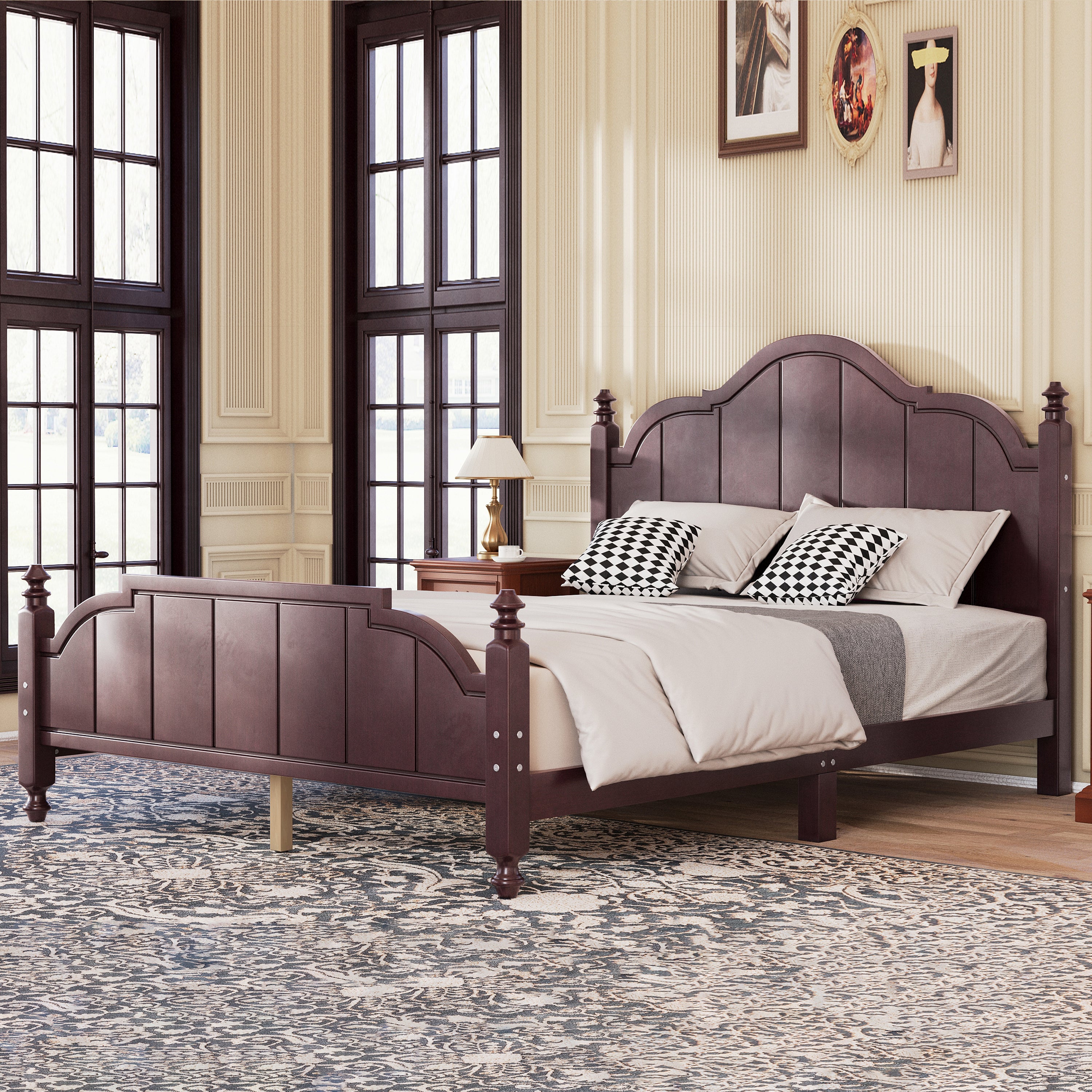 Vintage queen platform bed frame with headboard and footboard, shown in a side angle view with elegant wood craftsmanship and slatted base.