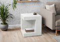 Modern white square accent table with a textured finish, featuring a hollow shelf design for books and storage.