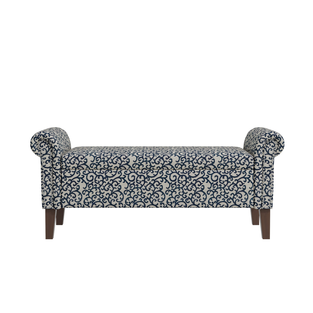 Traditional Rolled Arm Storage Ottoman with Black Curly Vine Pattern