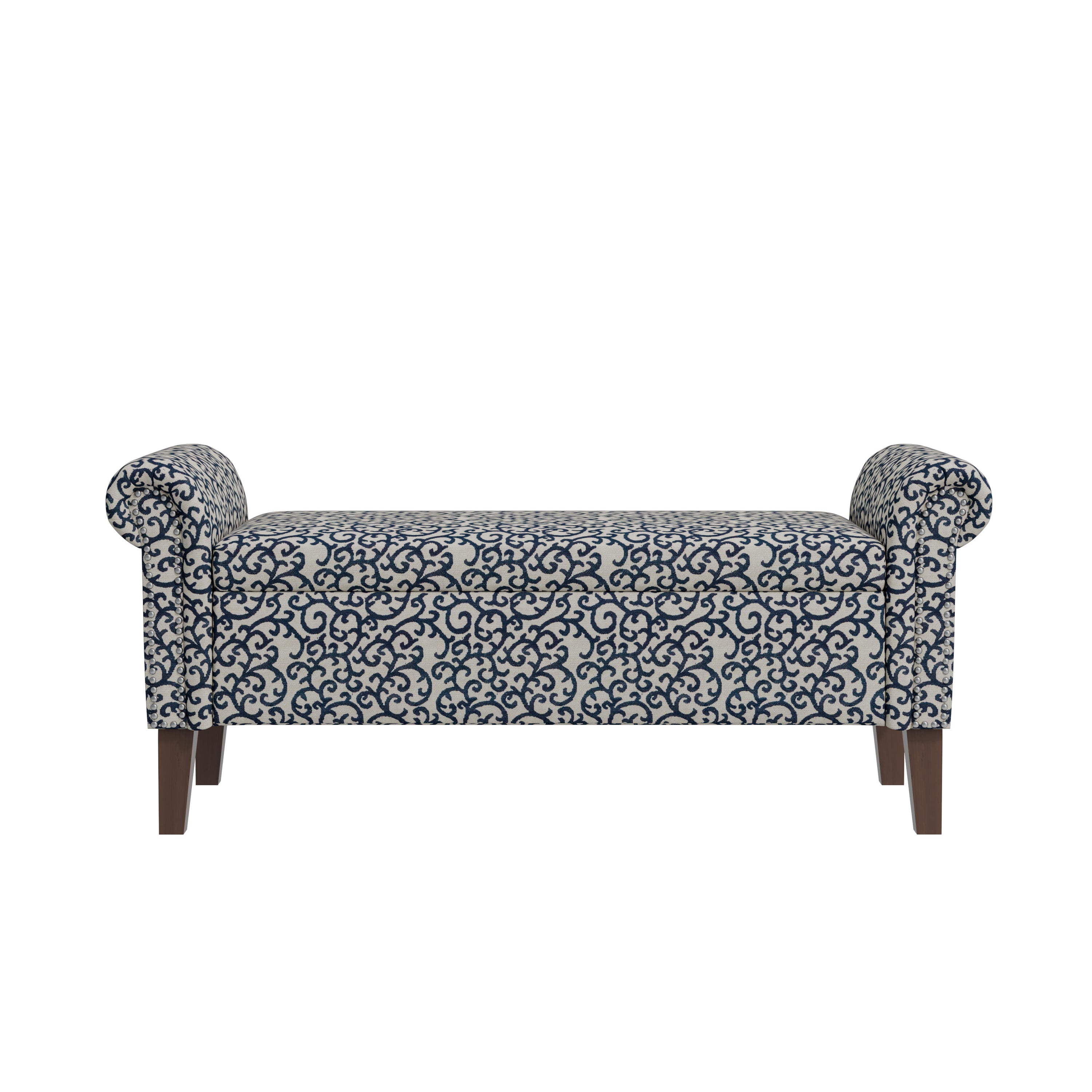 Traditional Rolled Arm Storage Ottoman with Black Curly Vine Pattern