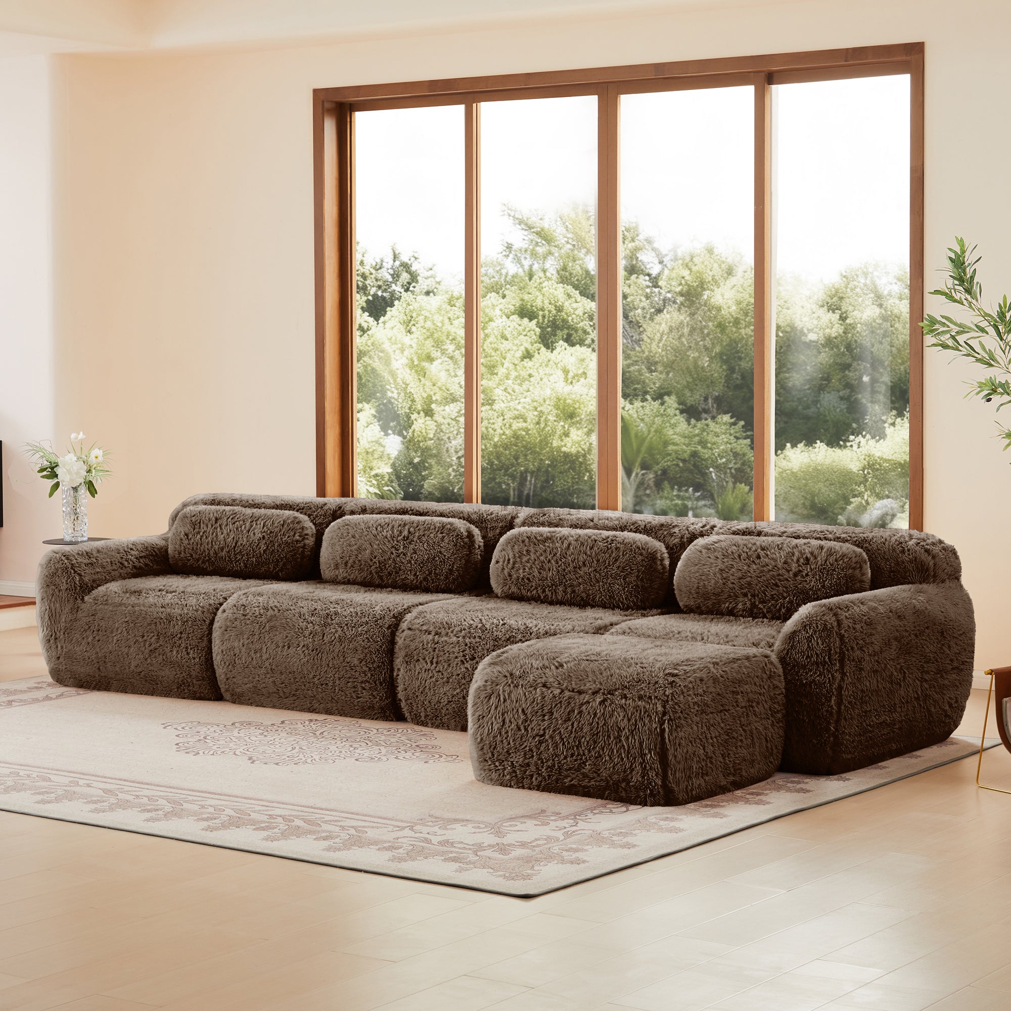 Chocolate modular plush fabric sofa with extended seating and no assembly design, ideal for cozy and customizable living room layouts.