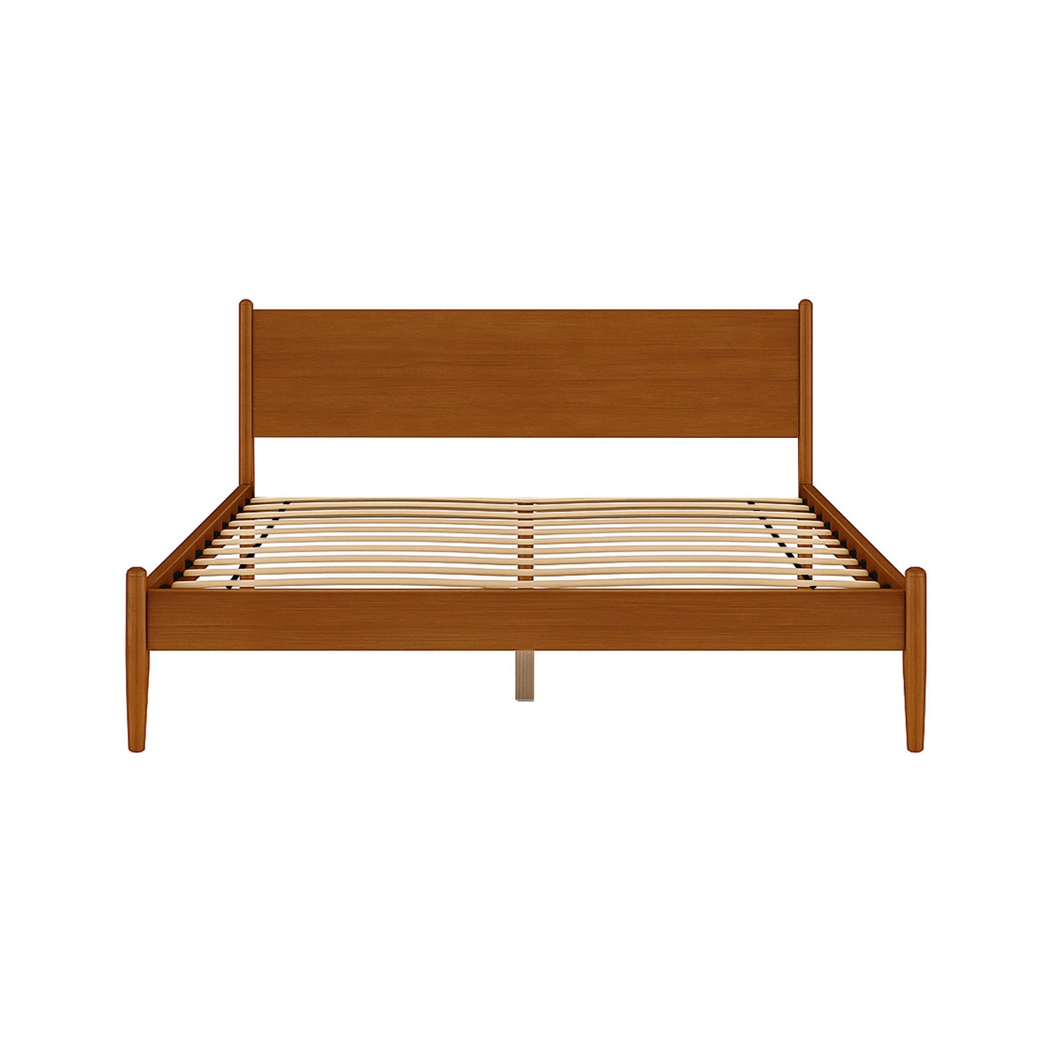 Front view of Mid-Century Modern King Platform Bed in oak finish featuring solid wood slats and minimalist headboard.