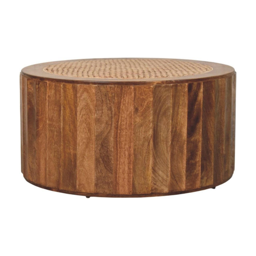 Artisan Solid Wood Coffee Table with Rattan Design.