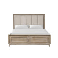 Queen Size Bed with Padded Headboard in Oak Finish.