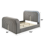 Dimensions of Gray Sherpa Bed with TV stand, LED lighting, and Bluetooth, measuring 102 inches long by 80 inches wide and 59 inches high.