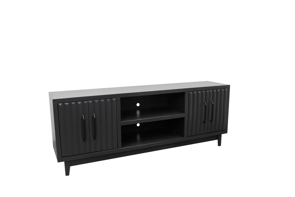 Angled view of Radiance TV Stand 85 inch TVs - Black Finish showing its modern silhouette and dual side cabinets.
