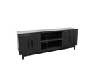 Angled view of Radiance TV Stand 85 inch TVs - Black Finish showing its modern silhouette and dual side cabinets.