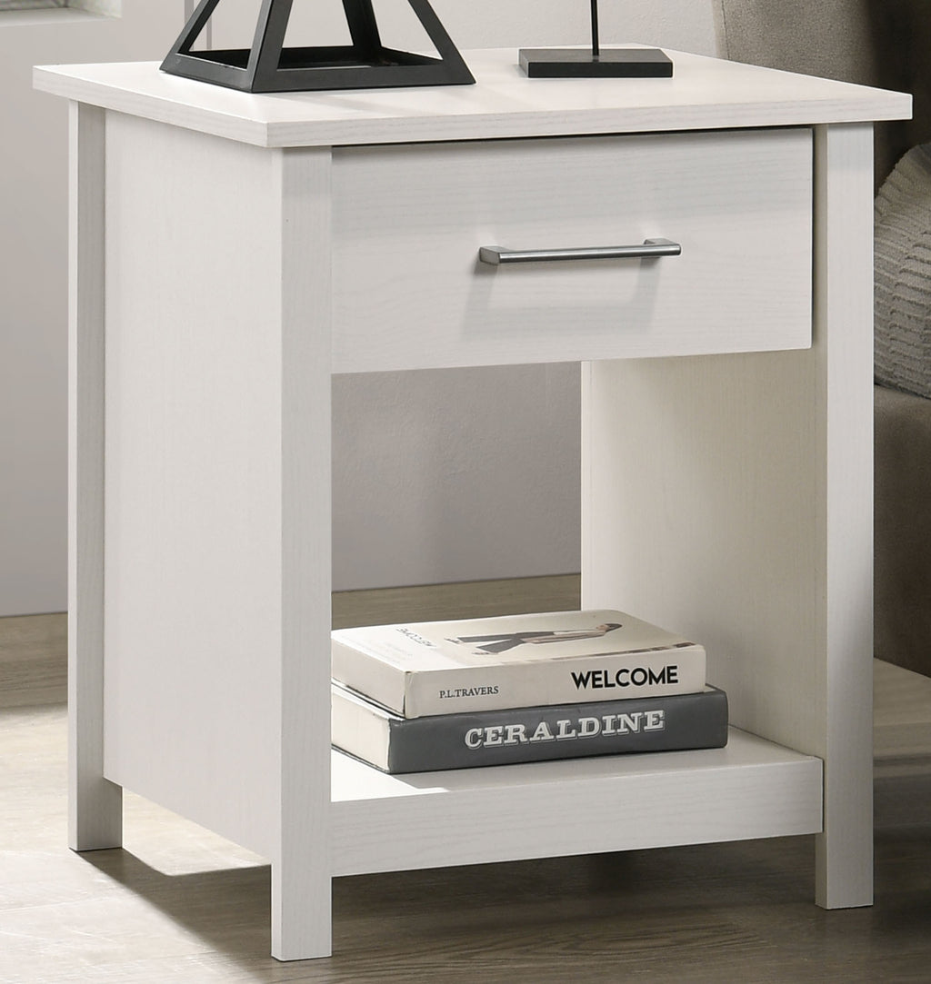 Celeste 1-Drawer White Nightstand with metal handle and open shelf. Ideal for modern bedrooms with compact storage needs.