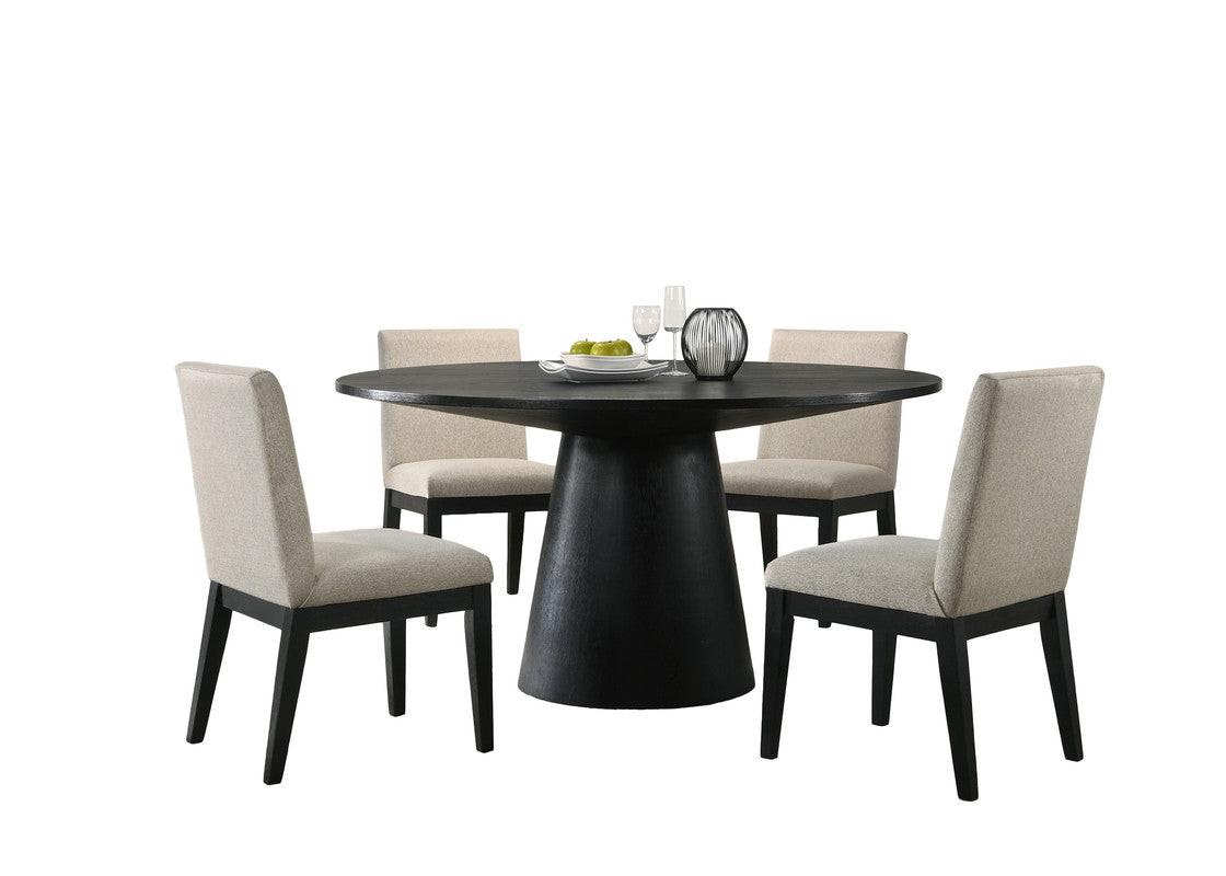 Jacopo Ebony Black Round Dining Table Set with Beige Chairs.