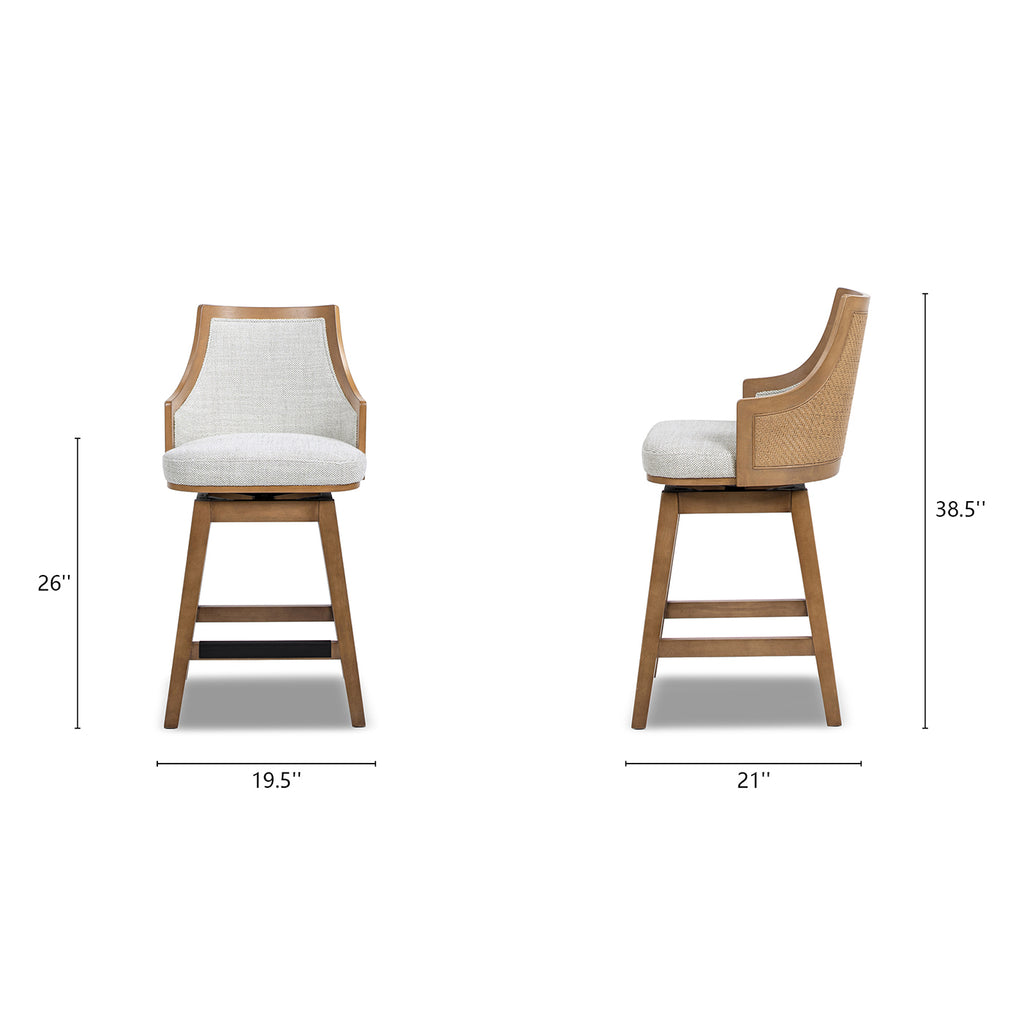 Dimensions of Bahama 26' Rattan Swivel Counter Stool shown from front and side, highlighting height, width, and depth for furniture planning.