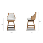 Dimensions of Bahama 26' Rattan Swivel Counter Stool shown from front and side, highlighting height, width, and depth for furniture planning.