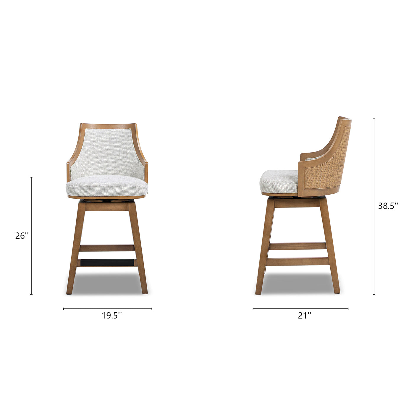 Dimensions of Bahama 26' Rattan Swivel Counter Stool shown from front and side, highlighting height, width, and depth for furniture planning.