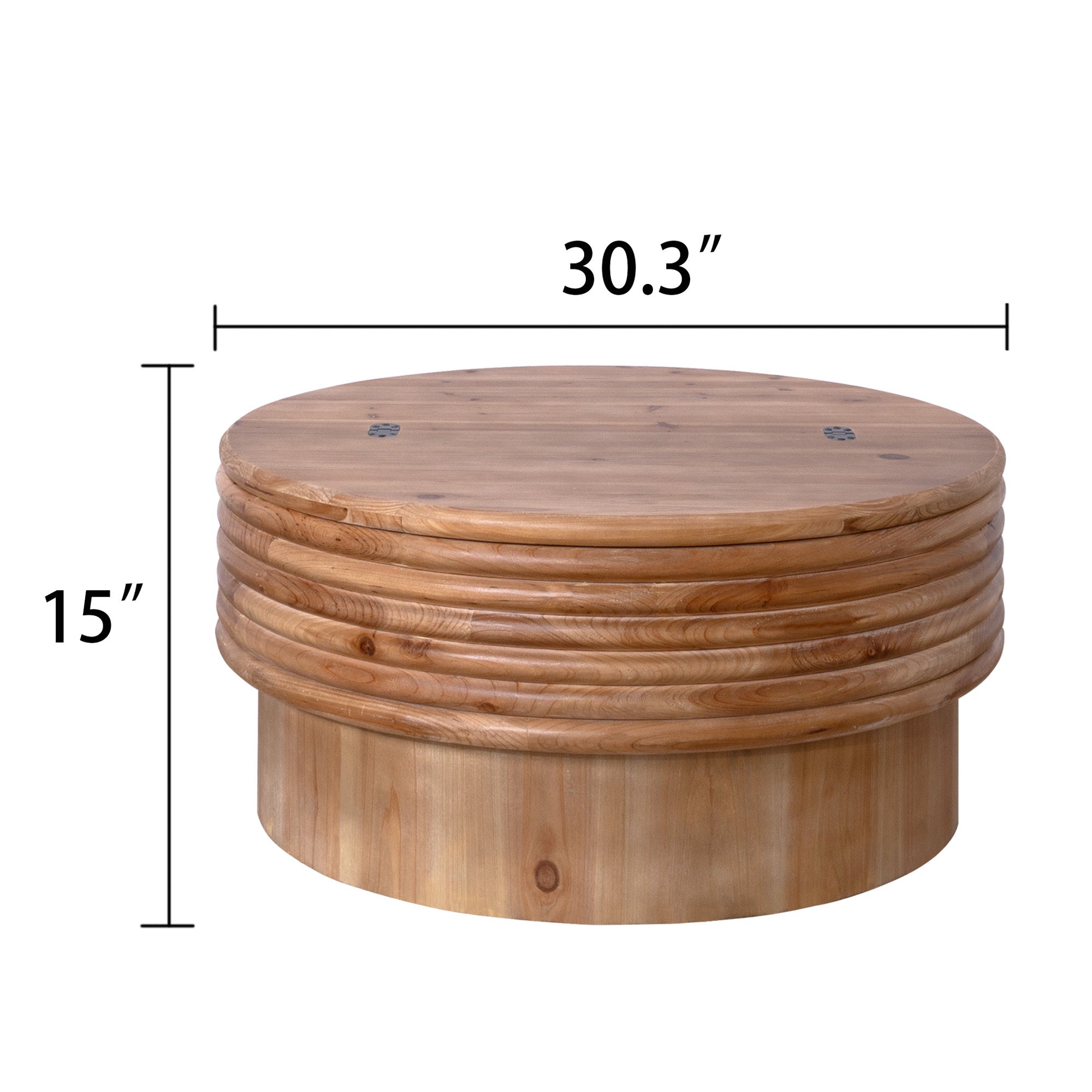 Round Wooden Coffee Table with Storage measuring 30.3 inches in diameter and 15 inches in height, perfect for compact living spaces.