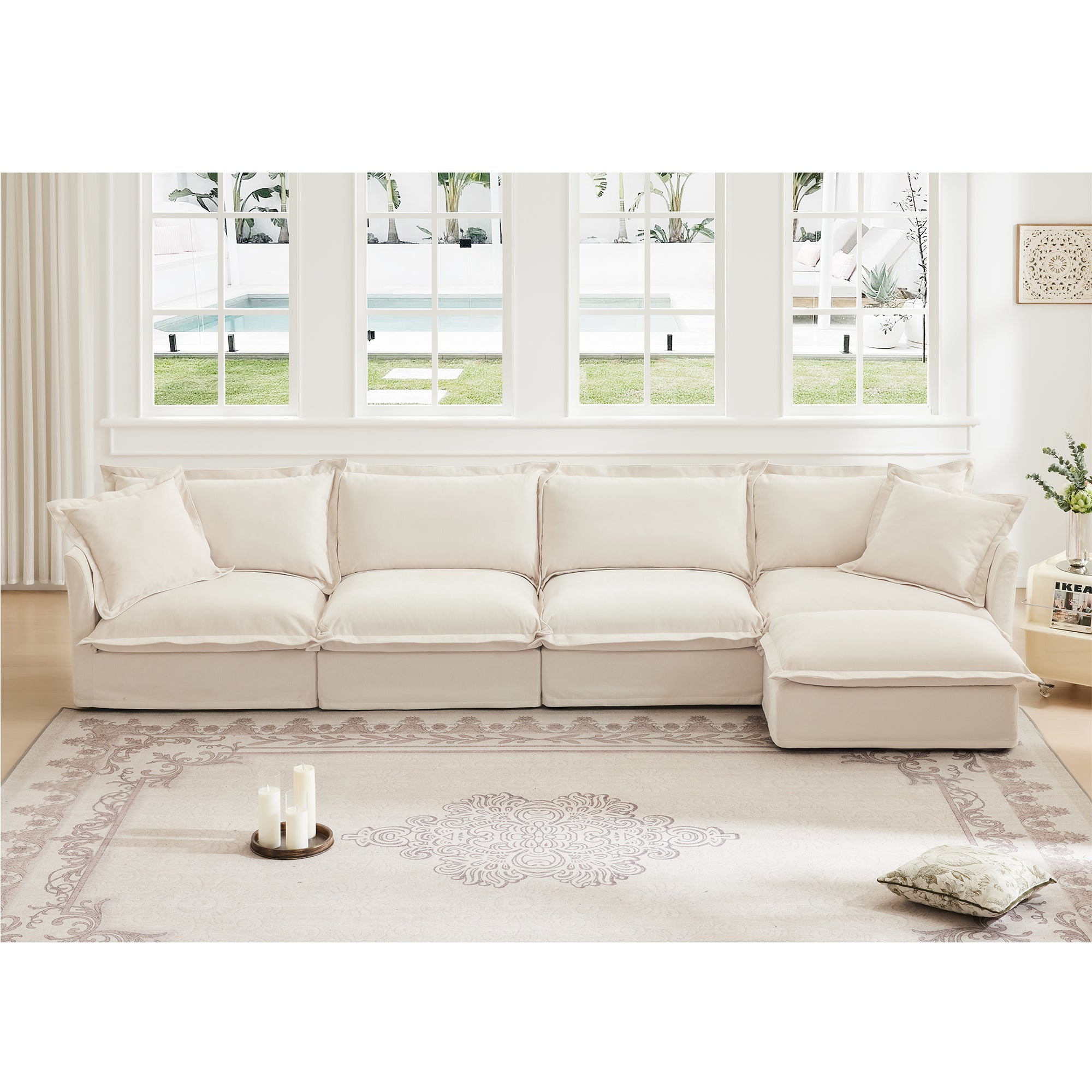 Cream Chenille L-Shape 4-Seater Sectional Sofa with Deep Cushions