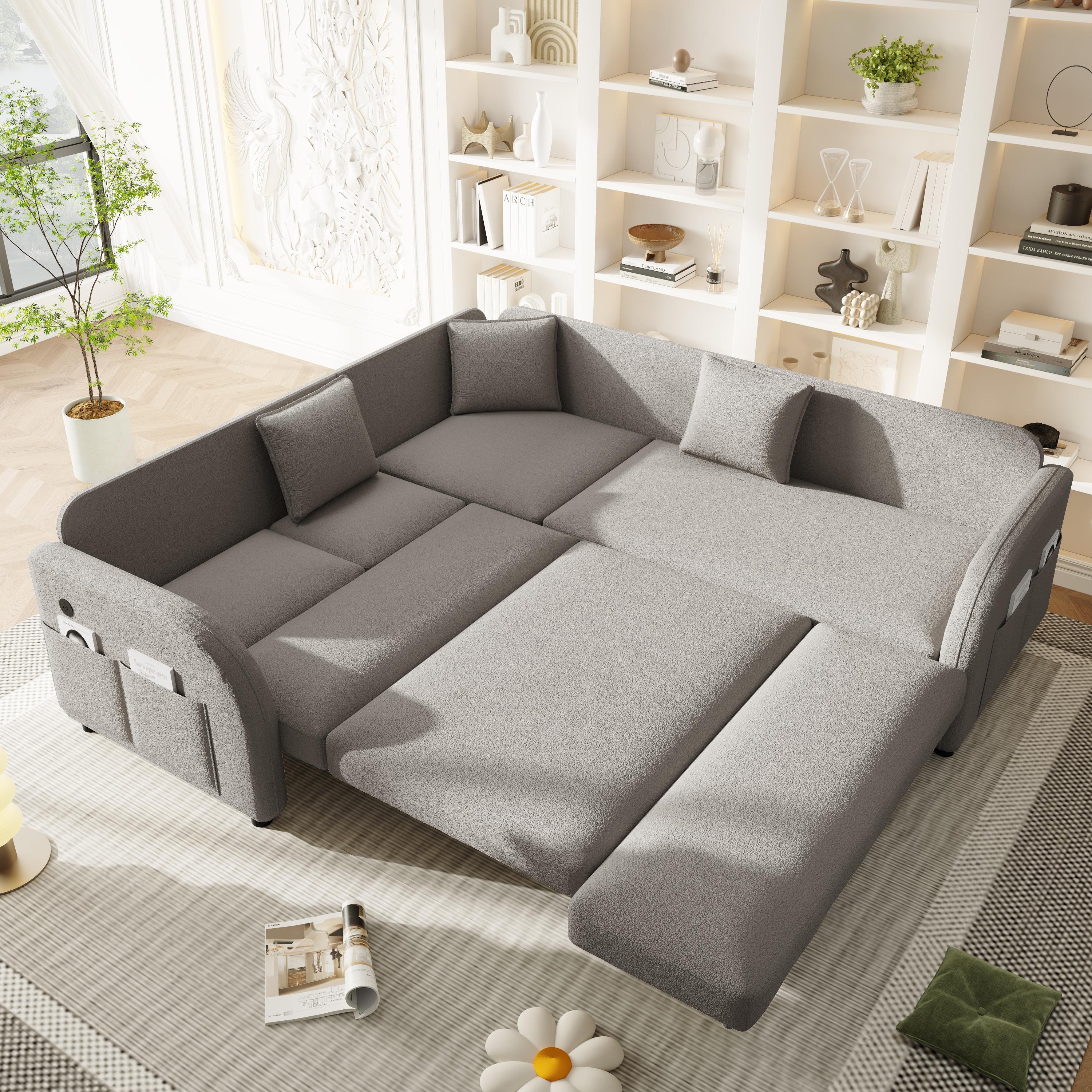 85.1' L-Shaped Sofa Bed with USB Port and Pocket.