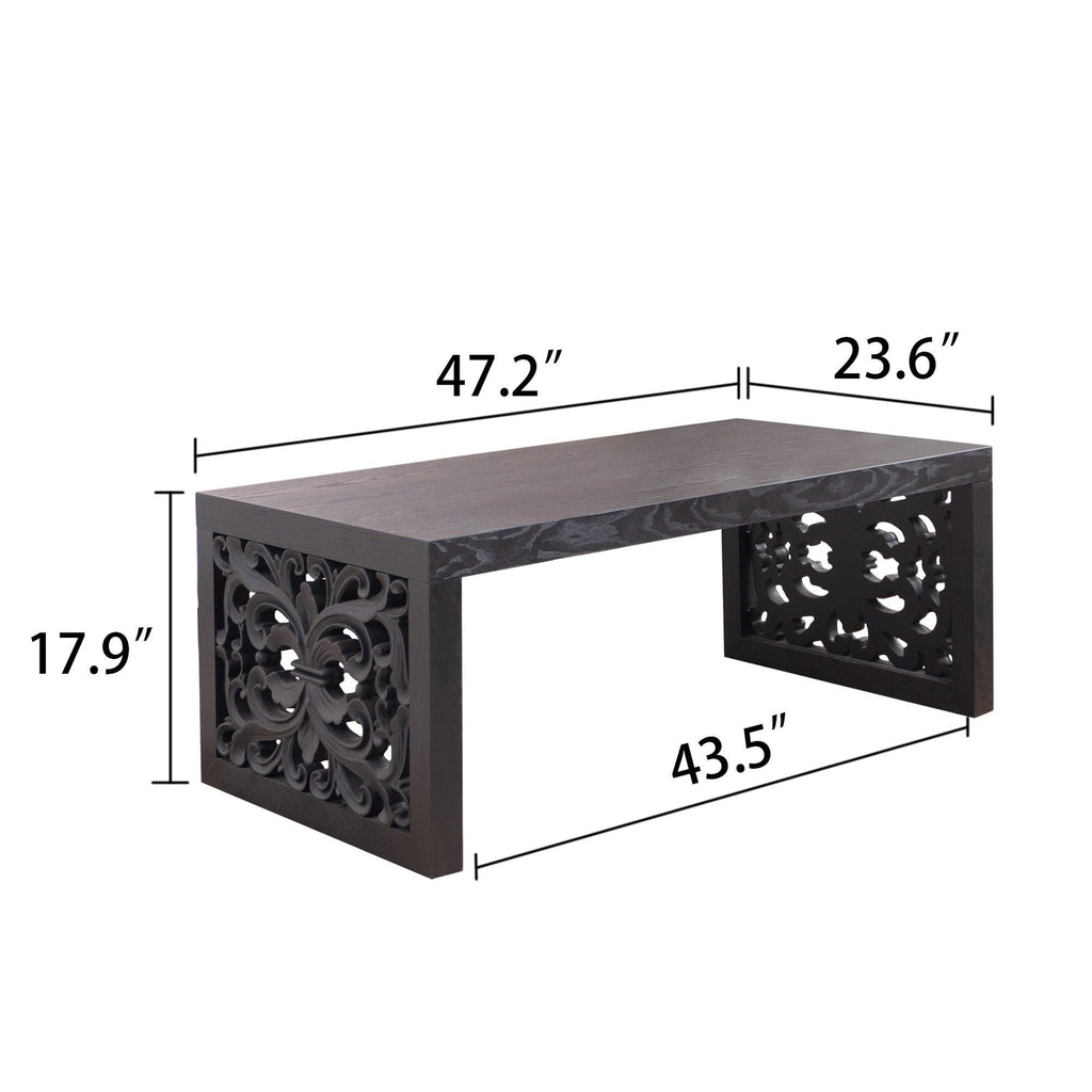 47.2' Solid Black Carved Wood Coffee Table – Handcrafted Look with Ornate Side Panels.