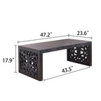 47.2' Solid Black Carved Wood Coffee Table – Handcrafted Look with Ornate Side Panels.