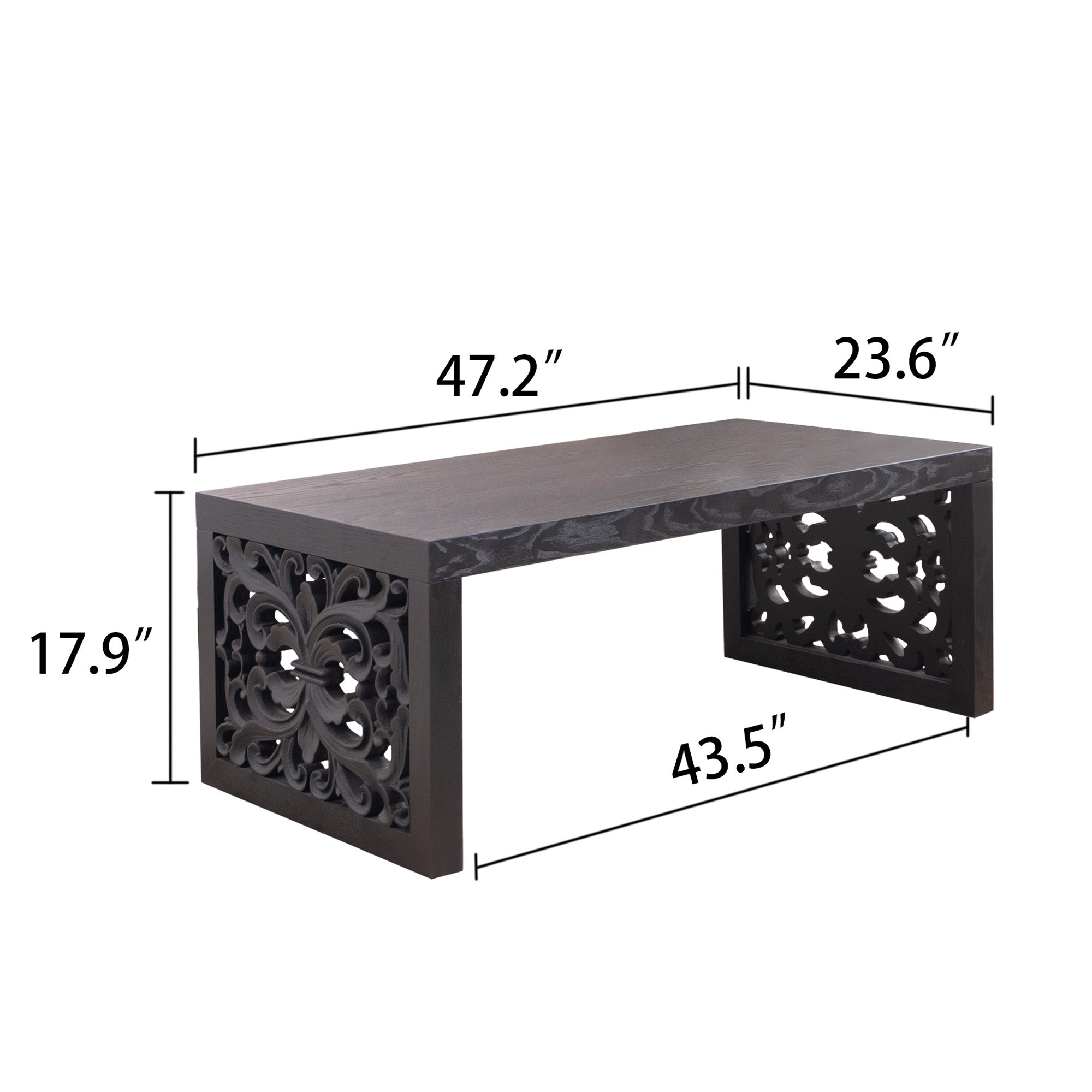 Dimensions of 47.2' solid black carved wood coffee table shown with width, height, and depth measurements for accurate fit.