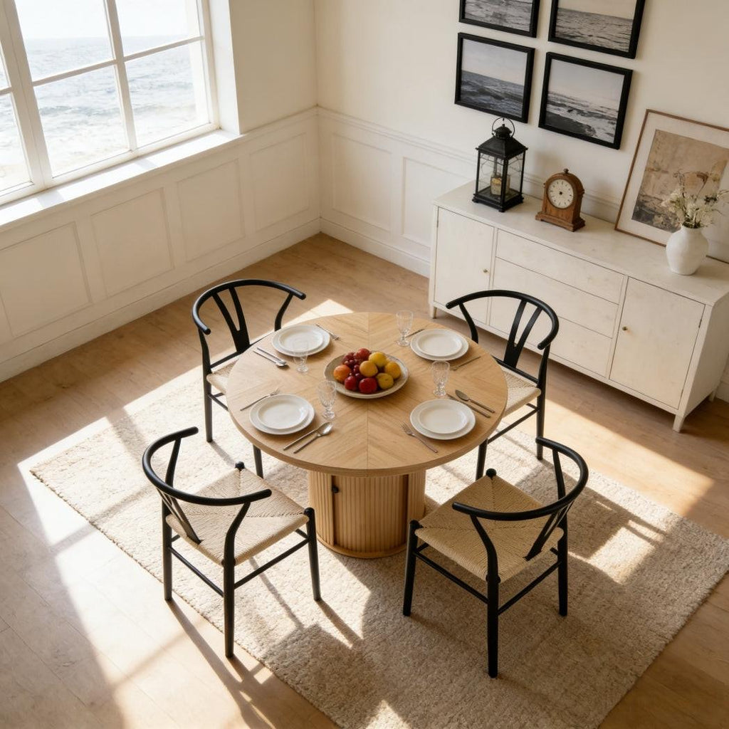 Black Woven Dining Chairs Set with Roman Column Table.