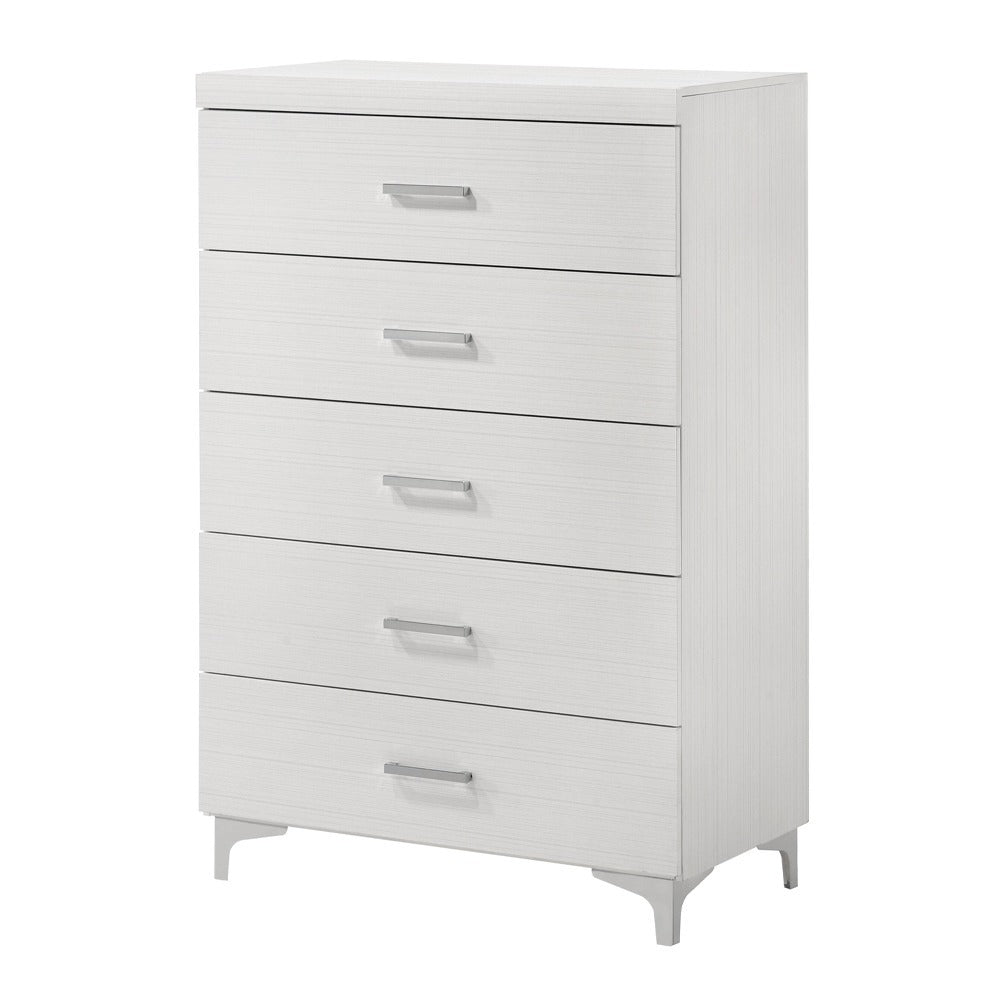 White Finish 5 Drawer Wooden Storage Chest featuring chrome metal legs and minimalist design for contemporary bedroom decor.
