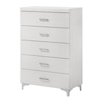 White Finish 5 Drawer Wooden Storage Chest featuring chrome metal legs and minimalist design for contemporary bedroom decor.