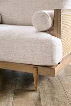 Mid-Century Modern Chair with Beige Fabric and Tapered Legs.