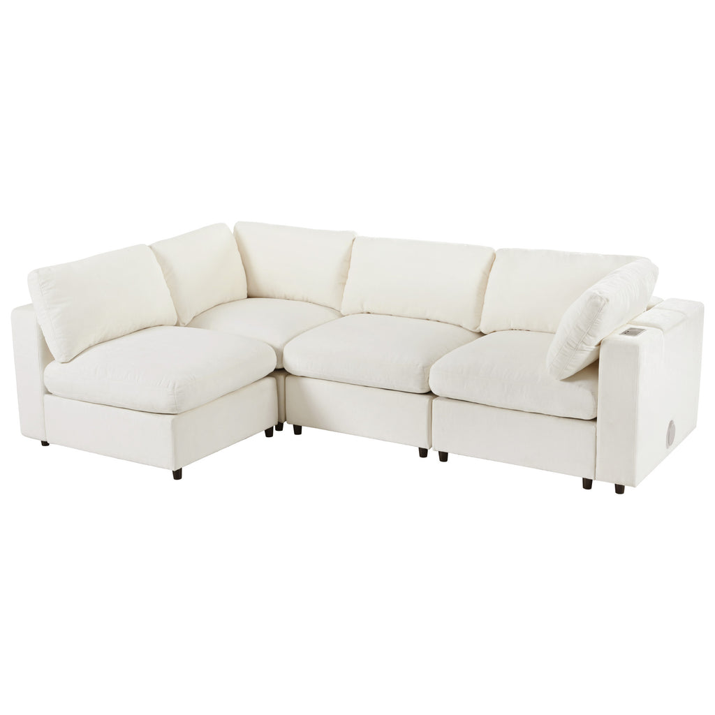 Chenille Modular Sofa with Charging and Storage, 4-seat L-shape configuration ideal for modern living rooms.