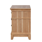 Side view of Farmhouse Oak Nightstand. Solid rubberwood construction with vertical wood grain panels and clean lines.