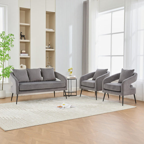 Mid Century Modern Velvet 3-Piece Living Room Set with Metal Legs in Charcoal, Loveseat & 2 Accent Chairs, Upholstered in Soft Velvet, Solid Wood Frame, Round Arms, Black Metal Legs.