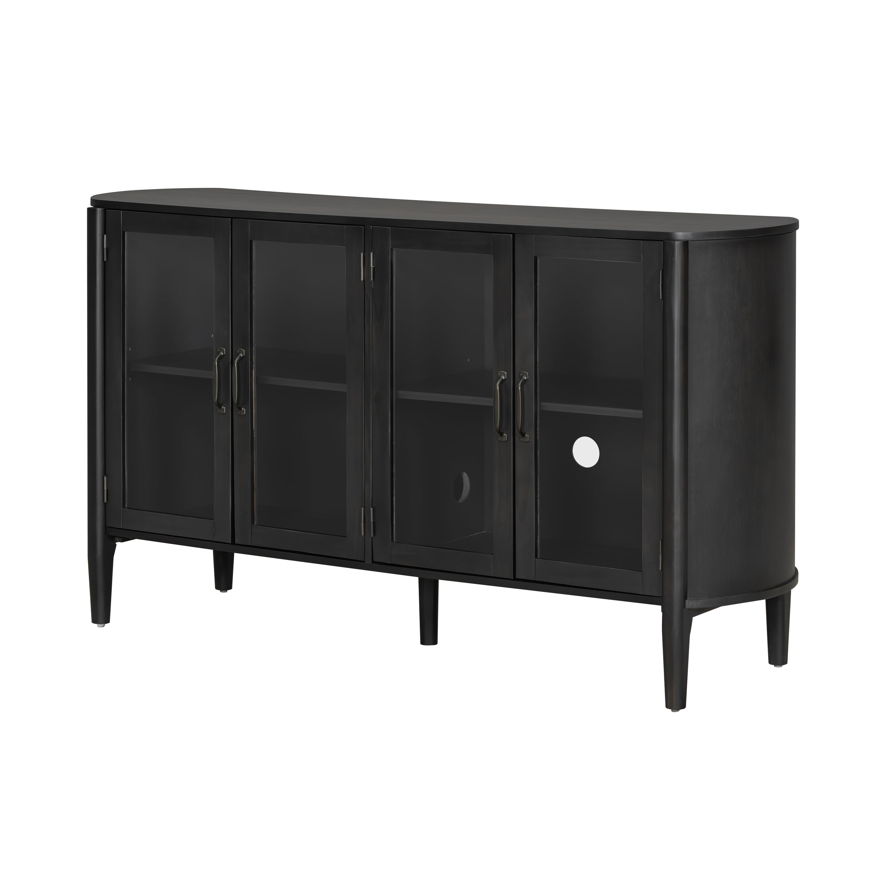 Angled view of modern black storage cabinet with curved edges, glass doors, and adjustable shelving for stylish living room organization.