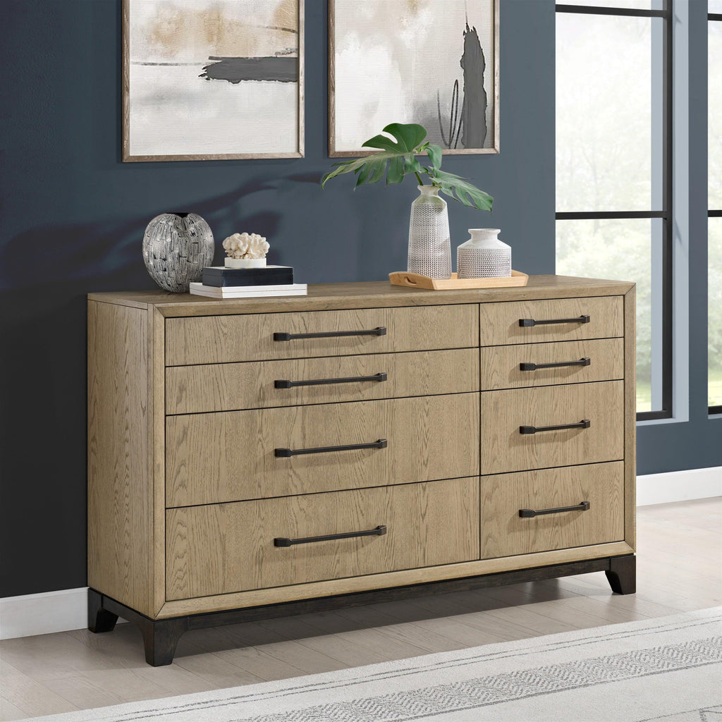 Caramel and Cocoa 8-Drawer Dresser with Black Feet and Metal Pulls in Brown Wood, 64-Inch Width.