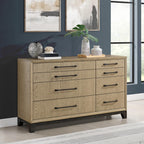 Caramel and Cocoa 8-Drawer Dresser with Black Feet and Metal Pulls in Brown Wood, 64-Inch Width.