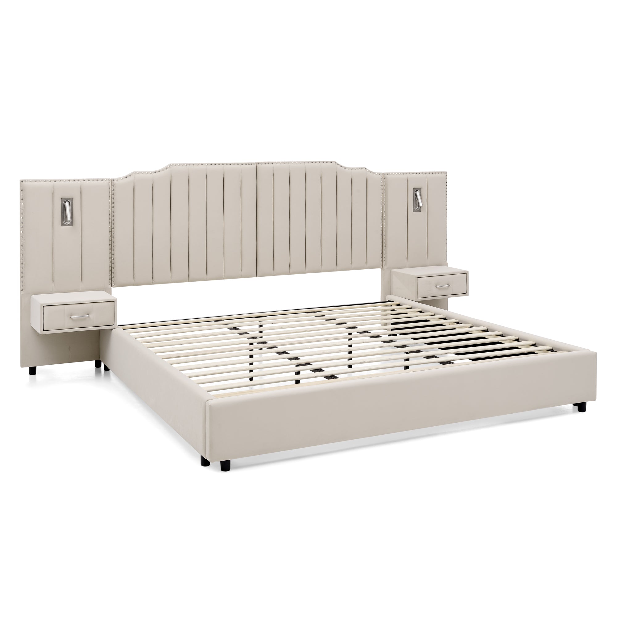Angled view of king upholstered bed frame with vertical stripe headboard, slatted base, and integrated nightstands for modern bedrooms.