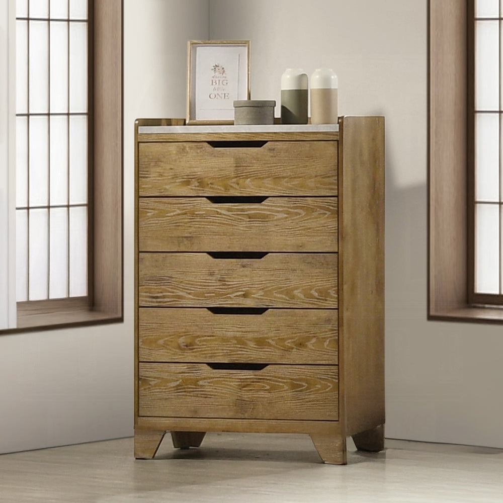 Transitional brown storage chest with 5 drawers placed in a modern bedroom corner, blending rustic wood tones with contemporary design.