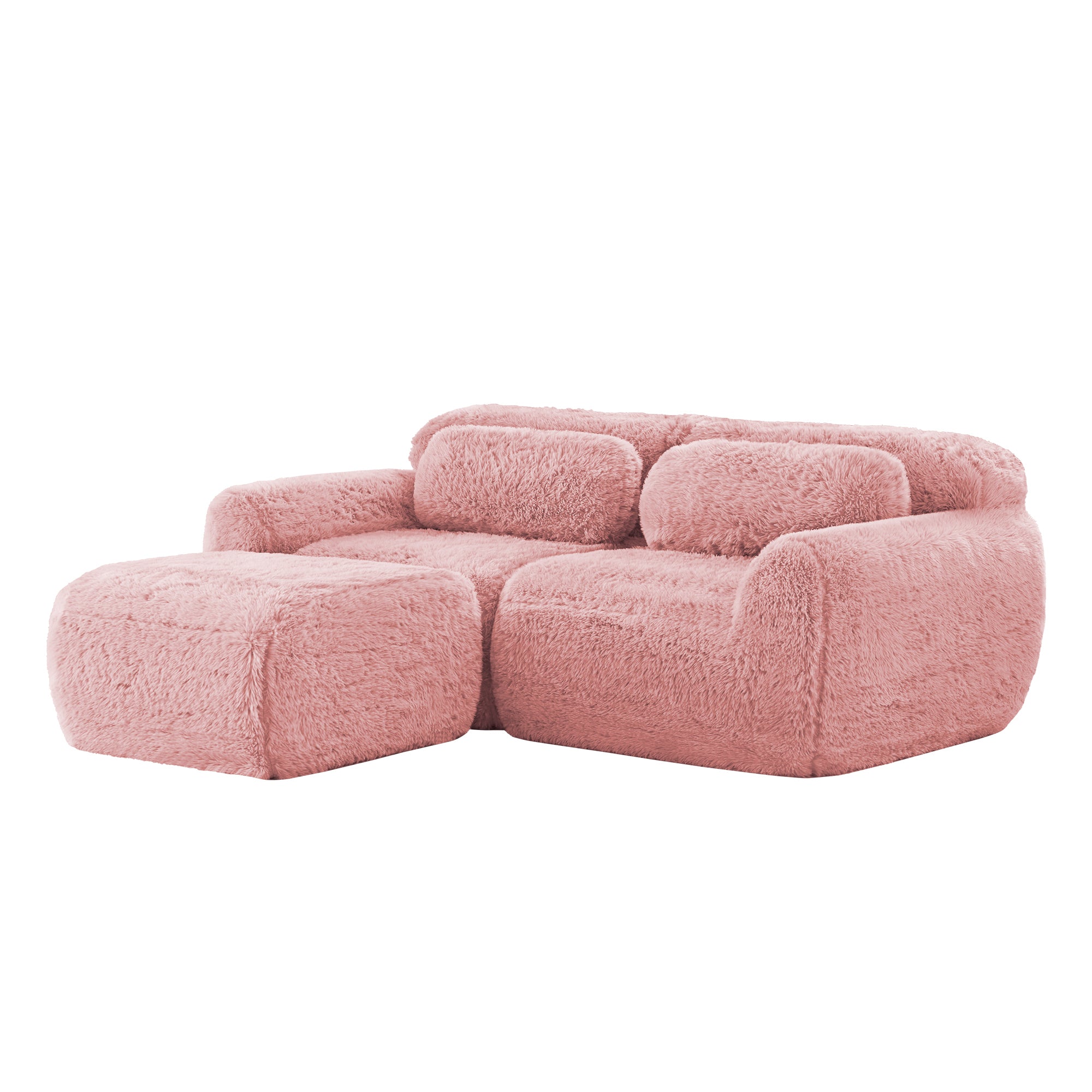 Plush pink modular sofa with chaise, ergonomic design and soft texture, perfect for cozy and stylish living room setups.