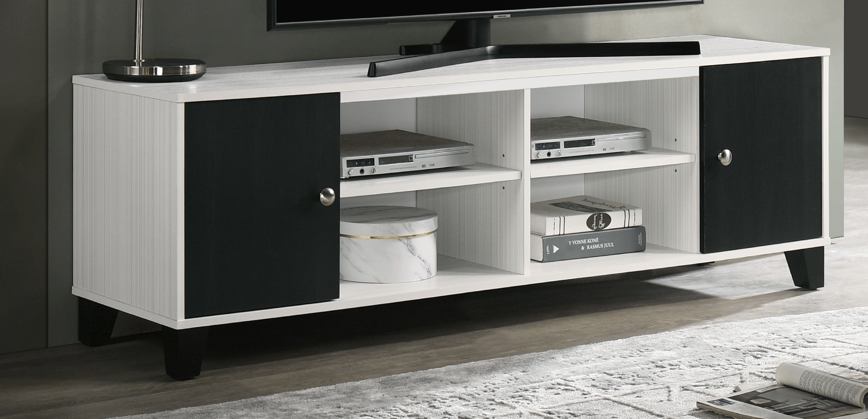Contemporary Black and White TV Stand with Storage