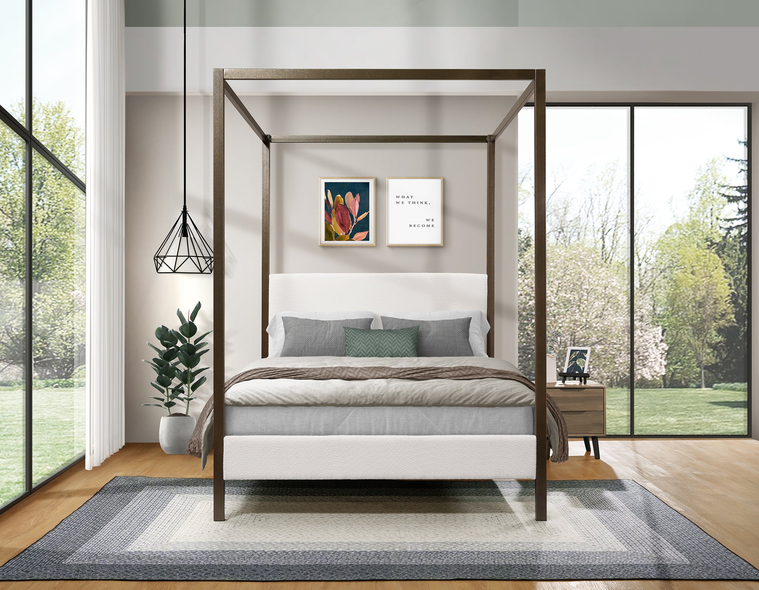 Industrial Luxe Boucle Upholstered Metal Canopy Bed