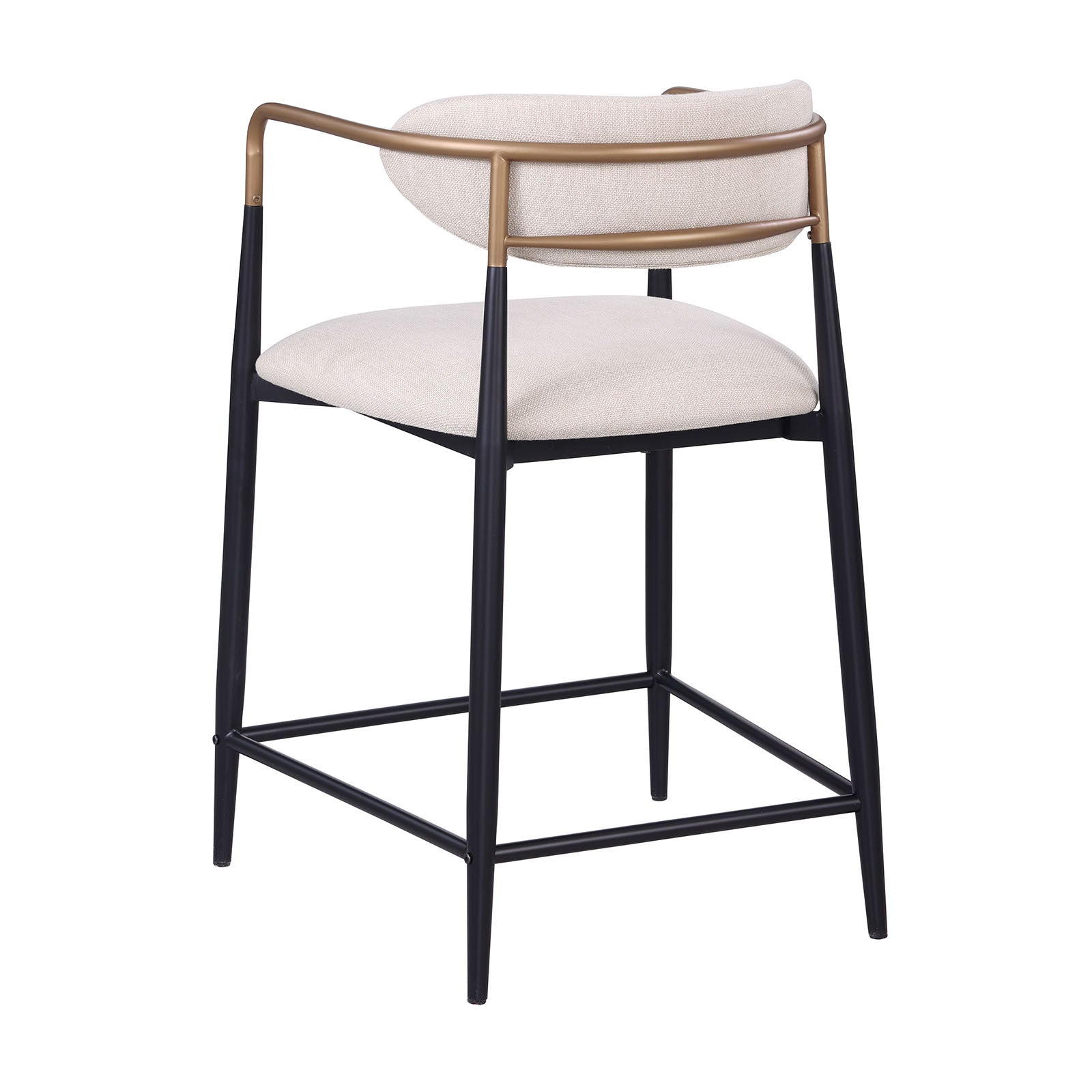 Rear angled view of a counter height chair with a curved gold metal backrest and black legs, upholstered in beige fabric.
