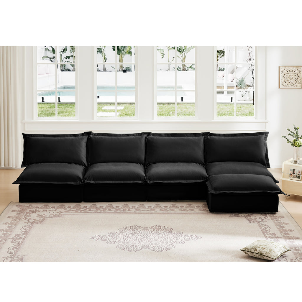 Black Chenille 4-Seater Modular Sectional Sofa with Removable Ottoman