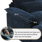 Armrest pocket on U-shaped sectional sofa with USB charger, measuring 29.5 inches, doubles as a pillow for lounging comfort.
