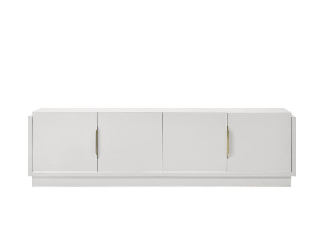 Front view of Palmer TV Stand 70 inches in white, showcasing minimalist 4-door cabinet with clean lines and gold handles.
