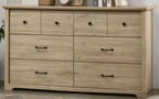 Close-up of Elara Light Oak 6-Drawer Dresser highlighting modern black metal handles and natural wood grain finish.
