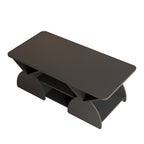 Top angled view of engineered wood coffee table with sleek geometric design and storage shelves, shown on white background.